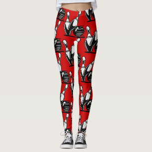 Retro Bowling Pins Zwart en Wit op Rood Leggings