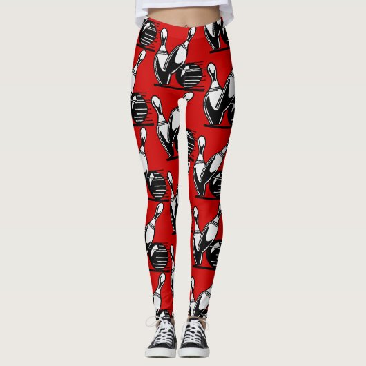 Retro Bowling Pins Zwart en Wit op Rood Leggings (Voorkant)