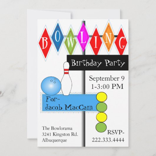 Retro Bowling Sign Birthday Uitnodiging (Voorkant)