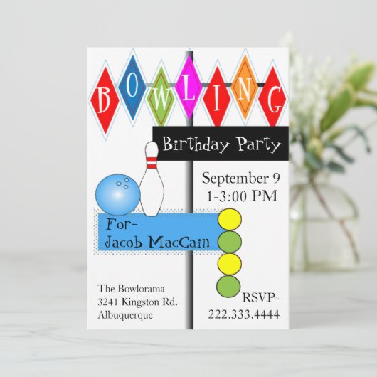 Retro Bowling Sign Birthday Uitnodiging (Staand voorkant)
