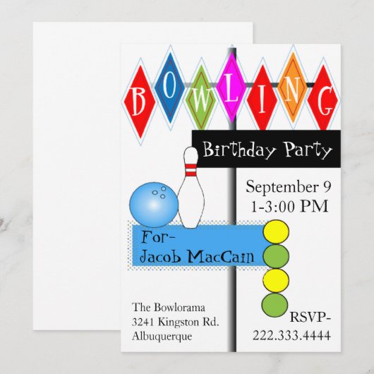 Retro Bowling Sign Birthday Uitnodiging (Voorkant / Achterkant)