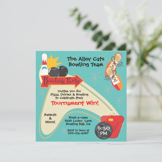 Retro Bowling Team League Party Kaart (Staand voorkant)