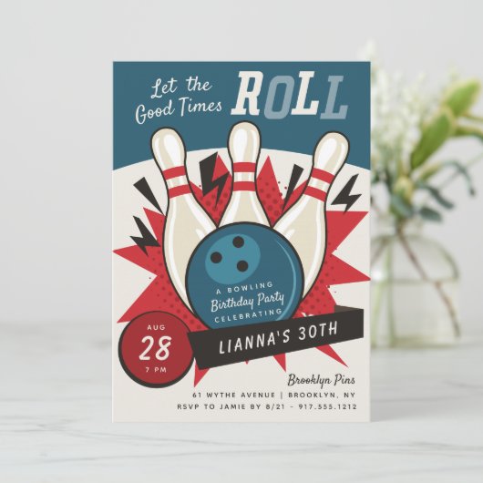 Retro  Bowling Theme Birthday Party Kaart (Staand voorkant)