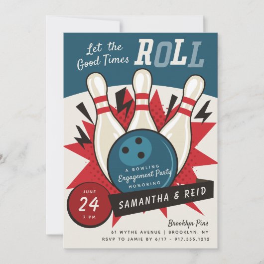Retro  Bowling Theme Engagement Party Kaart (Voorkant)
