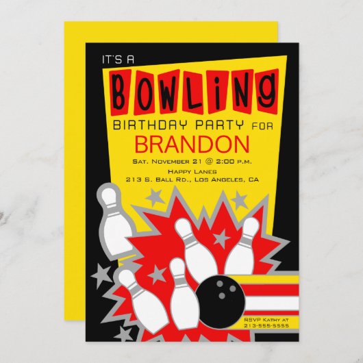 Retro Bowling Verjaardagsfeestuitnodiging Kaart (Voorkant / Achterkant)
