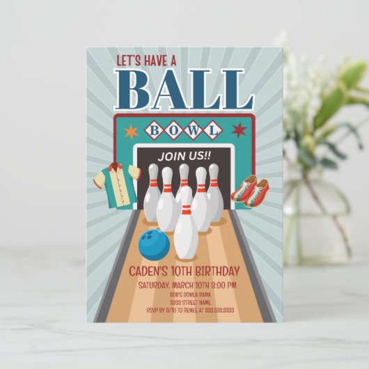 Retro Bowling verjaardagsuitnodiging Kaart (Staand voorkant)