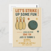 Retro Bowling verjaardagsuitnodiging voor jongens Briefkaart (Voorkant / Achterkant)