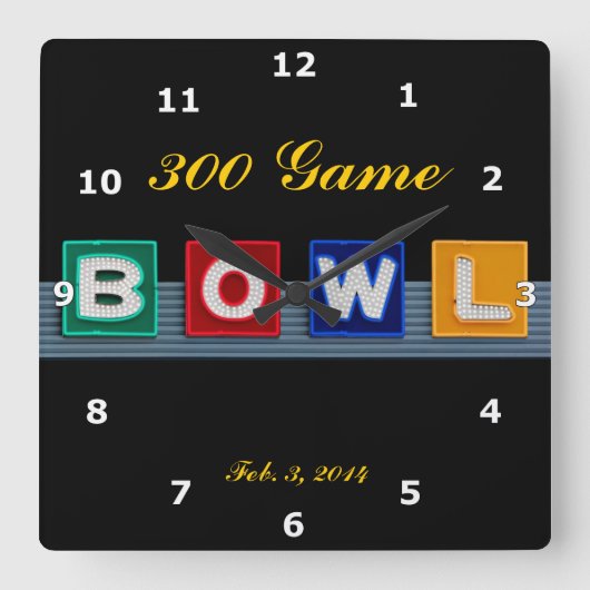 Retro Bowling Vierkante Klok (Voorkant)