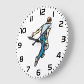 Retro bowlingspeler gooien bal grote klok (Hoek)