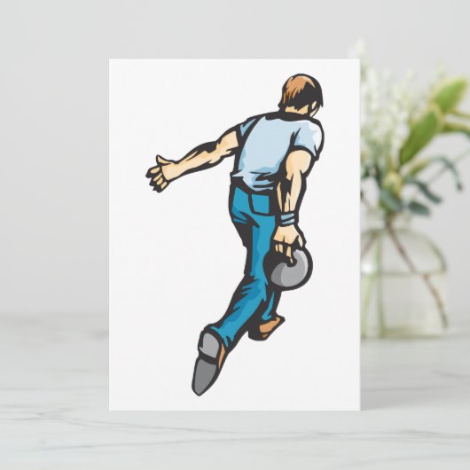 Retro bowlingspeler gooien bal kaart (Staand voorkant)