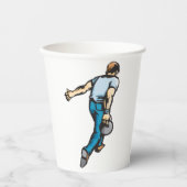 Retro bowlingspeler gooien bal papieren bekers (Voorkant)