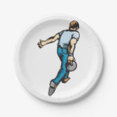 Retro bowlingspeler gooien bal papieren bordje (Voorkant)