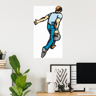 Retro bowlingspeler gooien bal poster
