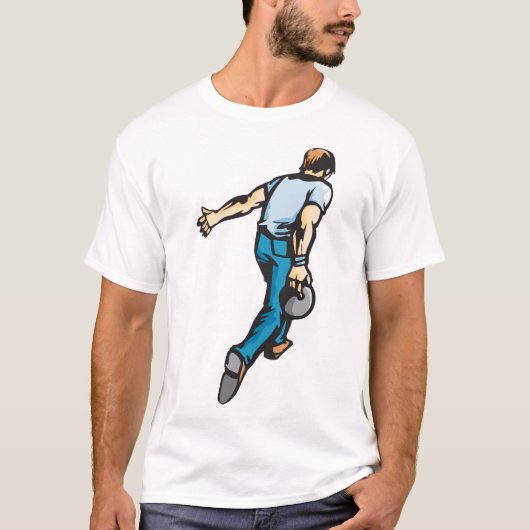 Retro bowlingspeler gooien bal t-shirt (Voorkant)
