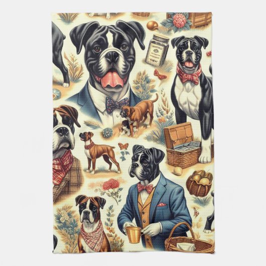 Retro Boxer hond illustratie Theedoek (Verticaal)