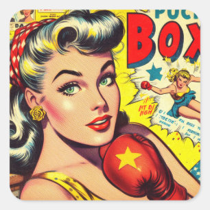 Retro Boxing Girl Comics Vierkante Sticker