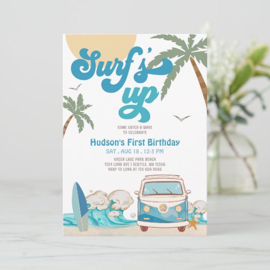 Retro Boy ANY AGE Surf's Up Surfen Verjaardagsfees Kaart (Staand voorkant)