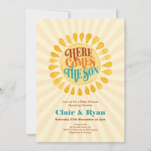 Retro Boy Baby shower, hier komt de zoon Kaart (Voorkant)