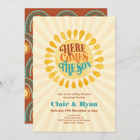 Retro Boy Baby shower, hier komt de zoon Kaart (Voorkant / Achterkant)