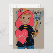 Retro Boy Fireman Valentijn Kaart (Voorkant / Achterkant)