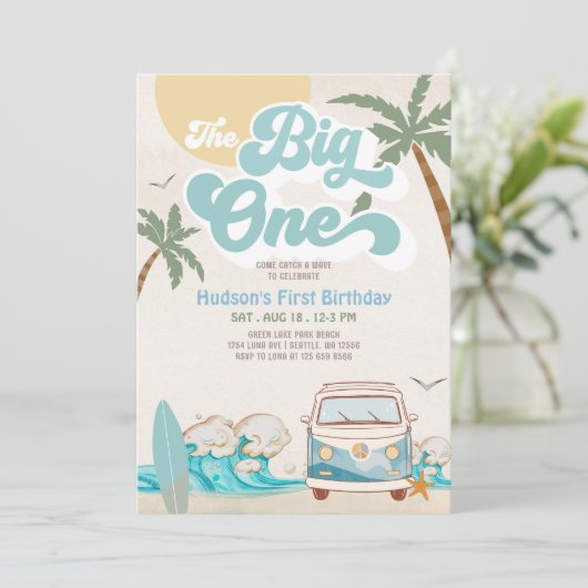 Retro Boy The Big One Surfen 1e verjaardagsfeestje Kaart (Staand voorkant)