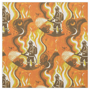 Retro brandweerman en vlammen in Sinaasappel en ge Stof