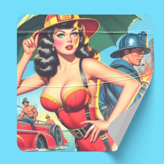 Retro brandweerman meisje vierkante sticker