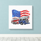 Retro brandweerwagen brandweerman VS Vlag 4e Canvas Afdruk (Insitu (Houten vloer))