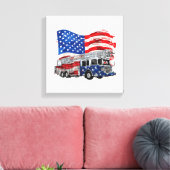 Retro brandweerwagen brandweerman VS Vlag 4e Canvas Afdruk (Insitu (Woonkamer))