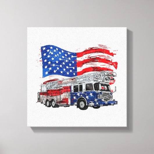 Retro brandweerwagen brandweerman VS Vlag 4e Canvas Afdruk (Voorkant)