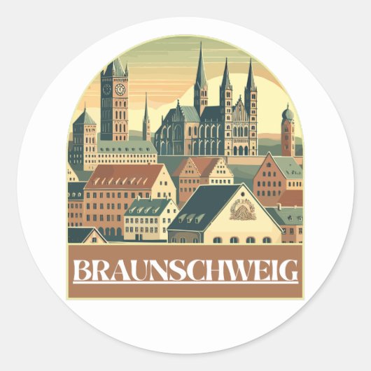 Retro Braunschweig Skyline Ronde Sticker (Voorkant)