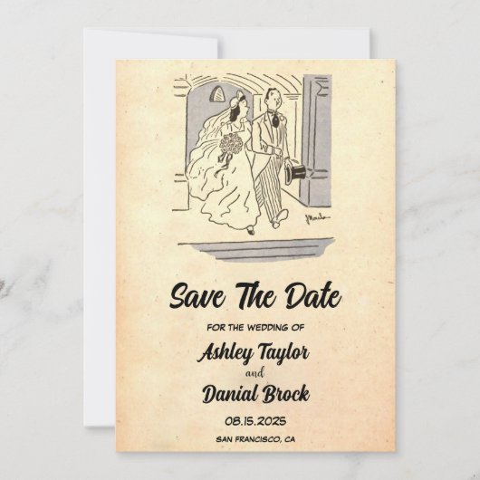  Retro Bride Groom Wedding sparen de Datum Kaart (Voorkant)