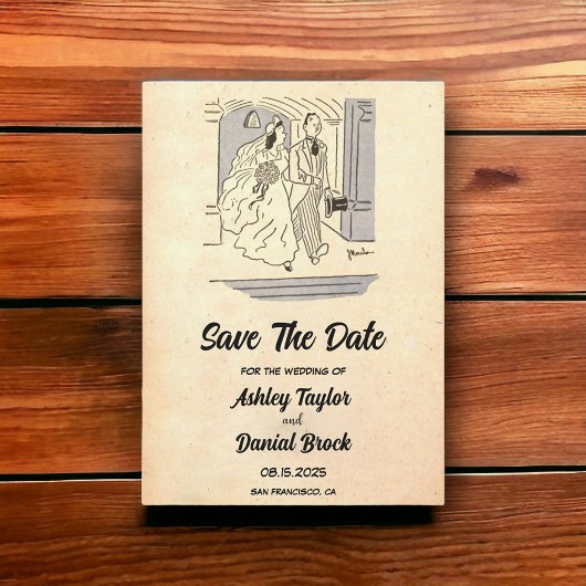  Retro Bride Groom Wedding sparen de Datum Kaart
