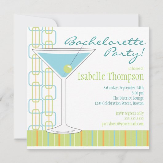 Retro Bride Martini Bachelorette Party Invitation Kaart (Voorkant)