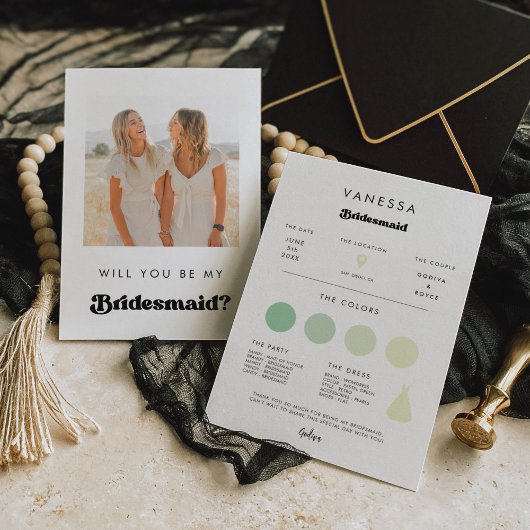 Retro Bridesmaid Proposal Info Card with Photo Kaart