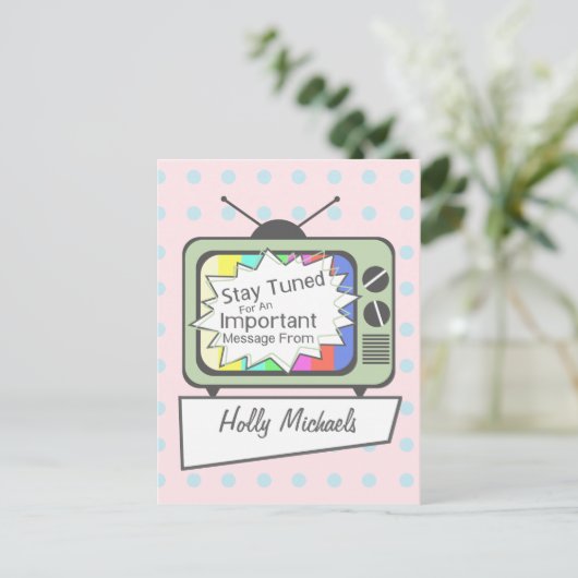 Retro-Briefkaart: Blijf afgestemd....Groene tv-set Briefkaart (Staand voorkant)
