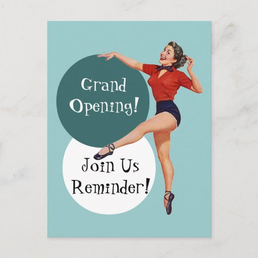 Retro Briefkaart Happy Lady Grand Opening Announce (Voorkant)