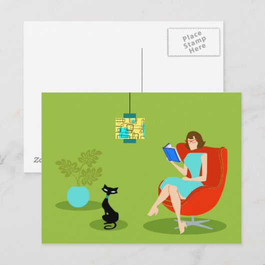 Retro Briefkaart van de Vrouw van de Lezing (Voorkant / Achterkant)