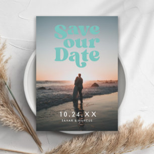 Retro brieven Bewaar onze datum fotokaart Feestdagenkaart