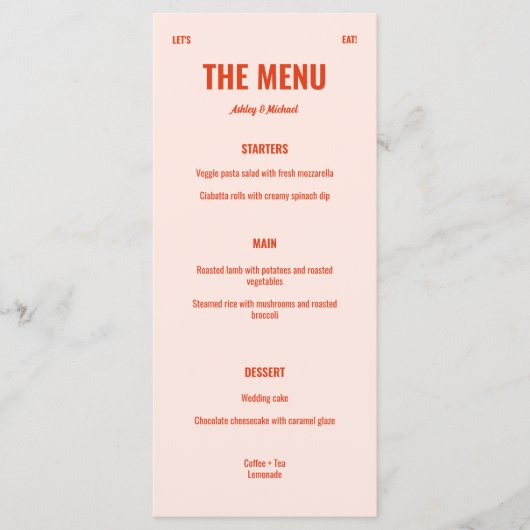 Retro Bright & Bold Peach Wedding Menu (Voorkant)