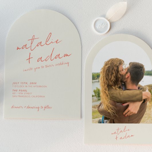 Retro Bright Orange Whimsical Photo Arched Wedding Kaart