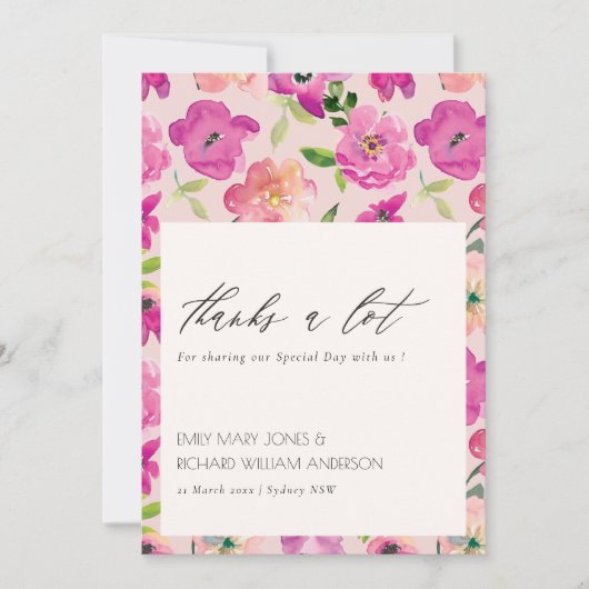 Retro Bright Pink Fun Waterverf Floral Wedding Bedankkaart (Voorkant)