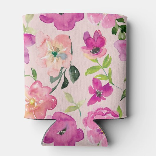 Retro Bright Pink Fun Waterverf Floral Wedding Blikjeskoeler (Achterkant)