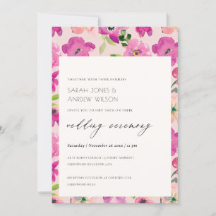 Retro Bright Pink Fun Waterverf Floral Wedding Kaart