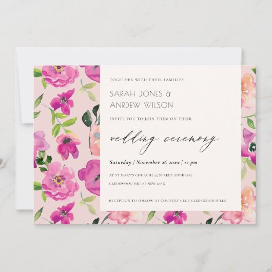 Retro Bright Pink Fun Waterverf Floral Wedding Kaart (Voorkant)