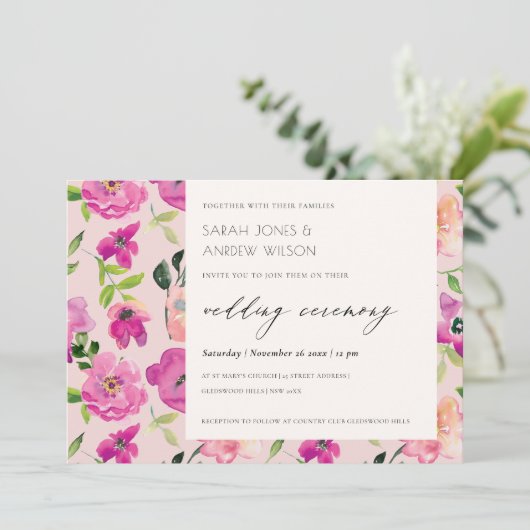 Retro Bright Pink Fun Waterverf Floral Wedding Kaart (Staand voorkant)