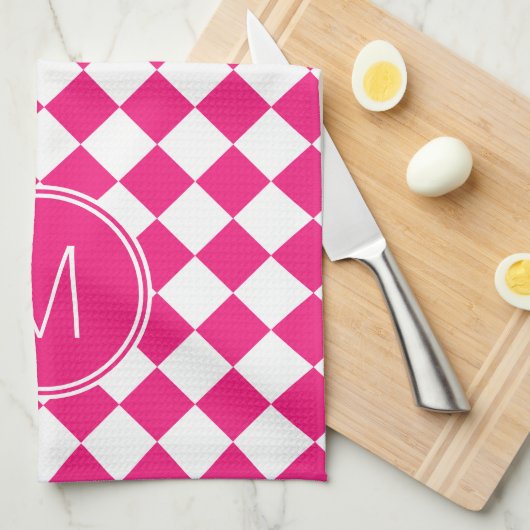 Retro Bright Roze en Witte Gecontroleerde Controle Theedoek (Quarter Fold)