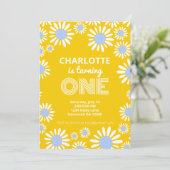 Retro Bright Yellow Daisy First Birthday Kaart (Staand voorkant)
