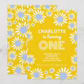 Retro Bright Yellow Daisy First Birthday Kaart (Voorkant / Achterkant)