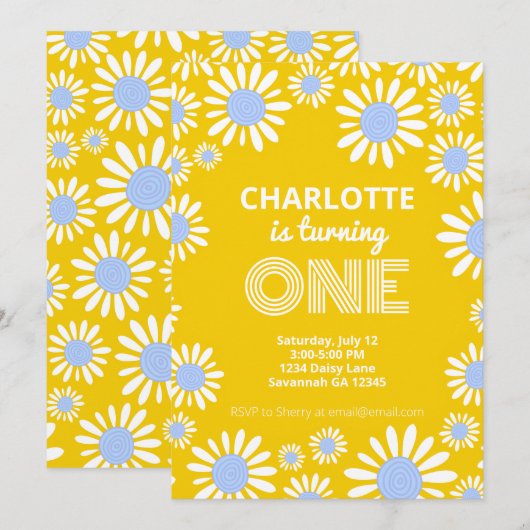 Retro Bright Yellow Daisy First Birthday Kaart (Voorkant / Achterkant)